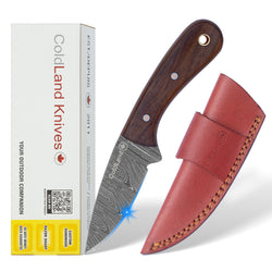 ColdLand Knives knife with wooden handle and leather sheath next to its packaging on a white background