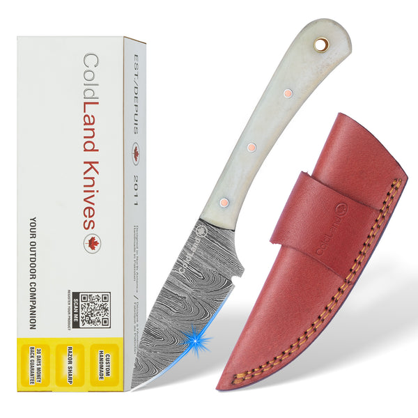 ColdLand Knives knife with Camel bone handle and leather sheath and packaging on a white background