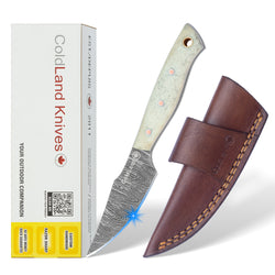 ColdLand Camel Bone Handle knife with leather sheath and packaging on a white background
