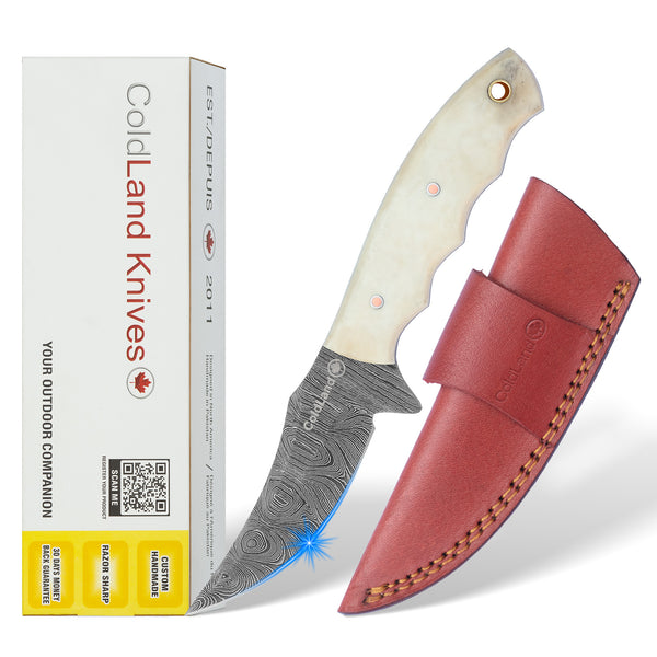ColdLand White Bone handle knife with red sheath and packaging on a white background
