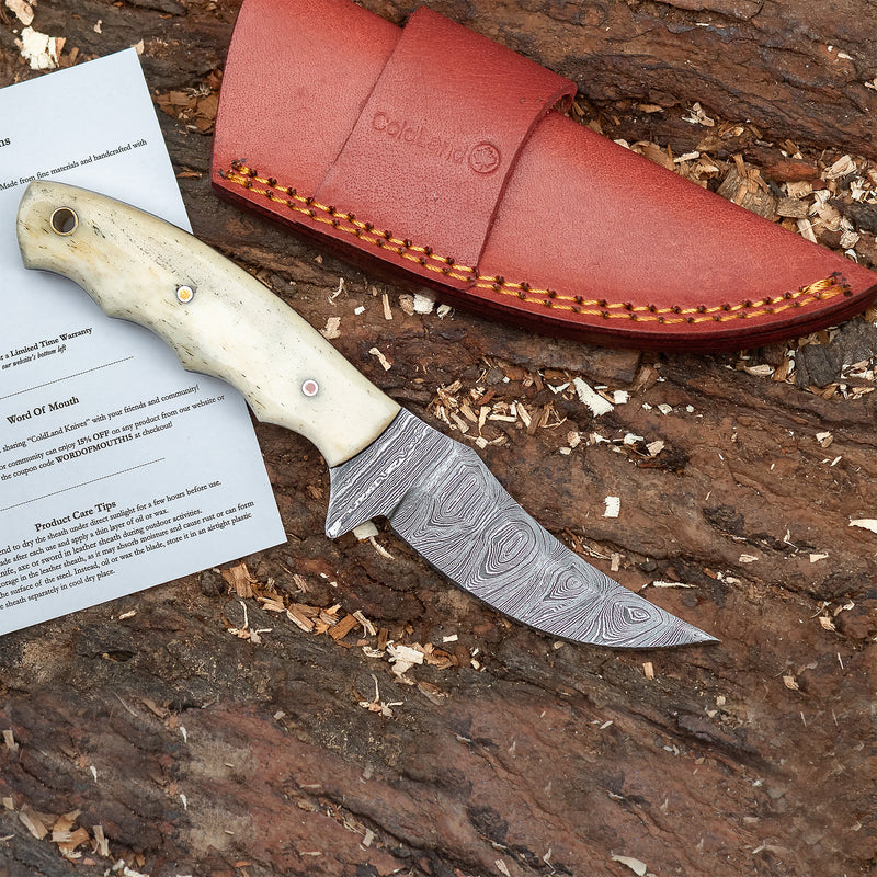 ColdLand Hand-Forged Damascus Skinner Knife – Natural Camel Bone Handle (7.4”) NMK12