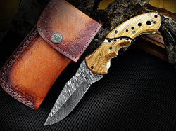 Drop Point Folding Pocket Knife Olive Wood handle