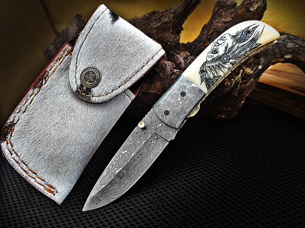 Folding Pocket Knife Red Indian Scrimshaw on Bone Handle