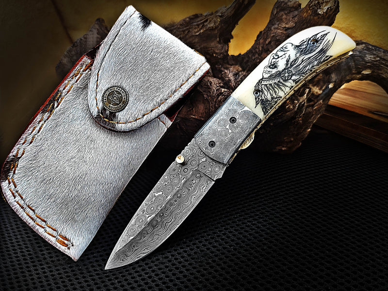 Folding Pocket Knife Red Indian Scrimshaw on Bone Handle