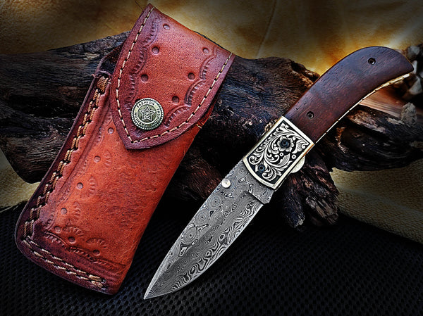 Hand Engraved Brass Bolster Folding Pocket Knife and Walnut Wood Handle 7.50 inches Custom Handcrafted Damascus Steel with Leather Sheath Perfect Gift for Your Loved Ones CLKFOL1109