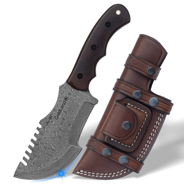 Damascus Knife with a brown leather sheath on a white background