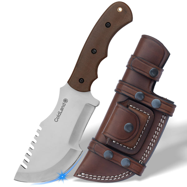 Knife with a brown handle and sheath on a white background