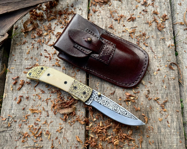 Folding Pocket Knife J2 Steel | Camel Bone Handle with Engraved Brass Bolster & Blade – ColdLand USFOL01