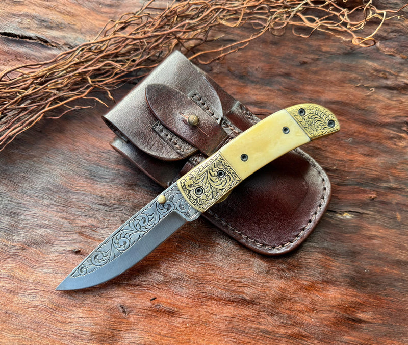 Folding Pocket Knife J2 Steel | Camel Bone Handle with Engraved Brass Bolster & Blade – ColdLand USFOL01