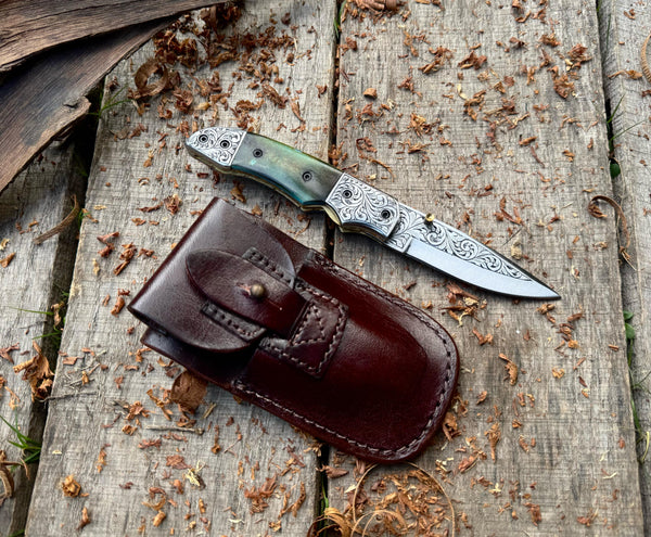 Folding Pocket Knife J2 steel Colored Camel Bone with Hand Engraved Bolster and Hand Engraved Blade USFOL02