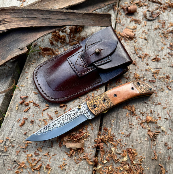 Folding Pocket Knife J2 steel Colored Camel Bone with Hand Engraved Copper Bolster and Hand Engraved Blade USFOL03