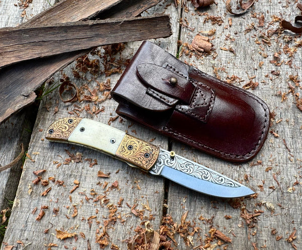 Folding Pocket Knife J2 Steel with Natural Camel Bone Handle – Hand Engraved | USFOL04