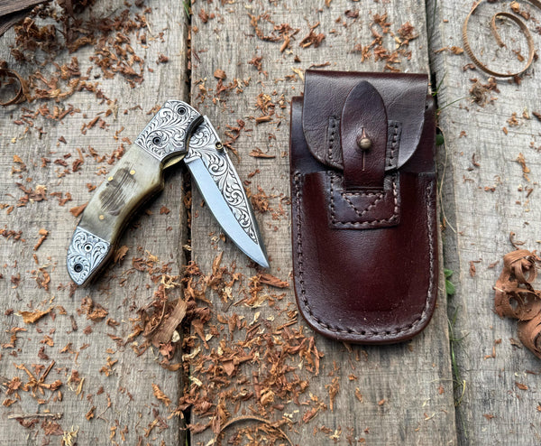 Folding Pocket Knife J2 steel Natural Mountain Sheep Horn Handle with Hand Engraved Bolster and Hand Engraved Blade USFOL05