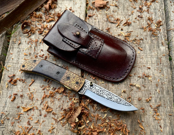 Folding Pocket Knife J2 Steel with Wenge Wood Handle & Hand Engraved Details – USFOL06