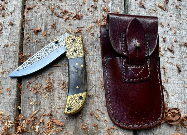 Folding Pocket Knife J2 steel Ram Horn with Hand Engraved Brass Bolster and Hand Engraved Blade USFOL07