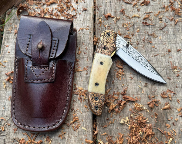 Folding Pocket Knife J2 steel Natural Camel Bone with Hand Engraved Copper Bolster and Hand Engraved Blade USFOL09