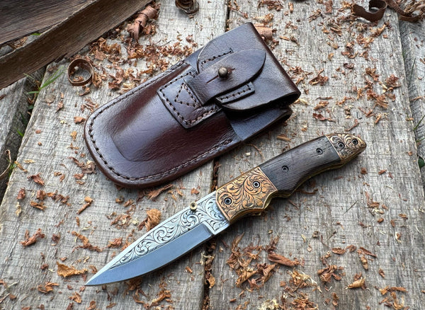Folding Pocket Knife J2 Steel with Wenge Wood Handle & Hand Engraved Copper Bolster – ColdLand USFOL10