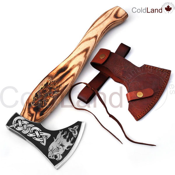 Viking Axe, Camping Axe, Hunting Axe, Carving Axe, Bearded, One-of-a-Kind, Engraved Blade, Etched Wood ARSAXE03 - ColdLand Knives
