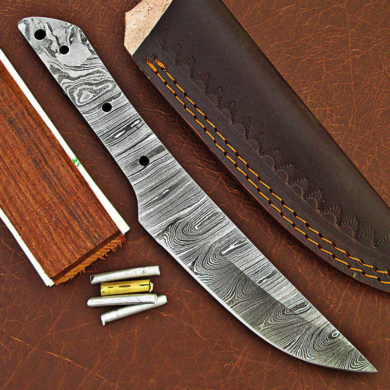 ColdLand's Damascus Knife Making Kit: DIY Handmade Knife with Blank Blade, Pins, Leather Sheath, and Handle Scales - NB103