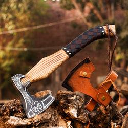 Camping axe, leather wraped handle, Etched blade animal paws